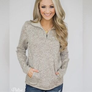 Thread & Supply Women's Small 1/4 Zip Pullover Knit Sweater‎ Oatmeal Pockets